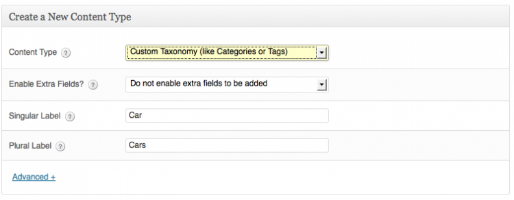 Интерфейс создания Custom Taxonomy в Pods
