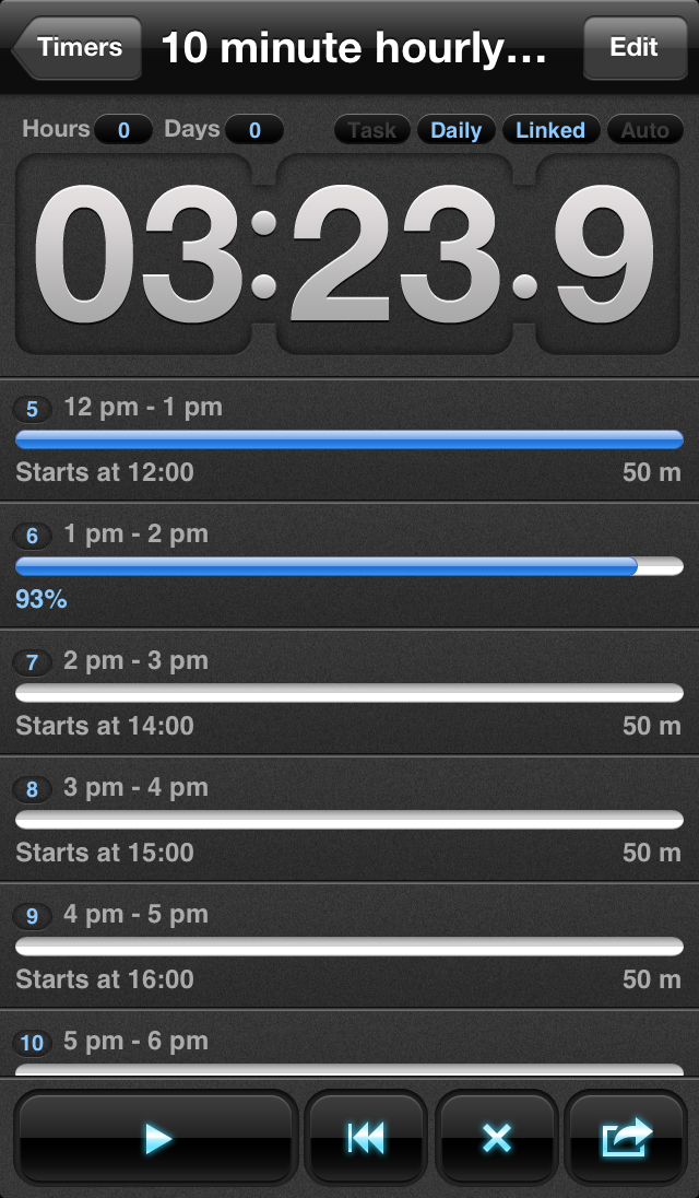 Приложение Intervallo для iPhone: Таймер, запущенный с шестью интервалами 